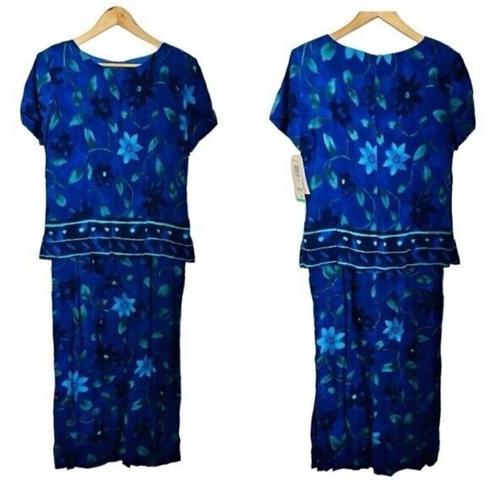 Vintage 80s Positive Attitude Size 10 Blue Floral Short Sleeve Maxi dress NWT
